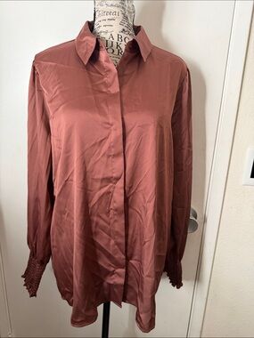 Express Rust Brown Satin Button-Front Blouse